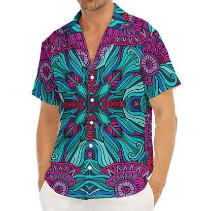 Ethnic Teal Bohemian Pattern Print Men's Deep V-Neck Shirt