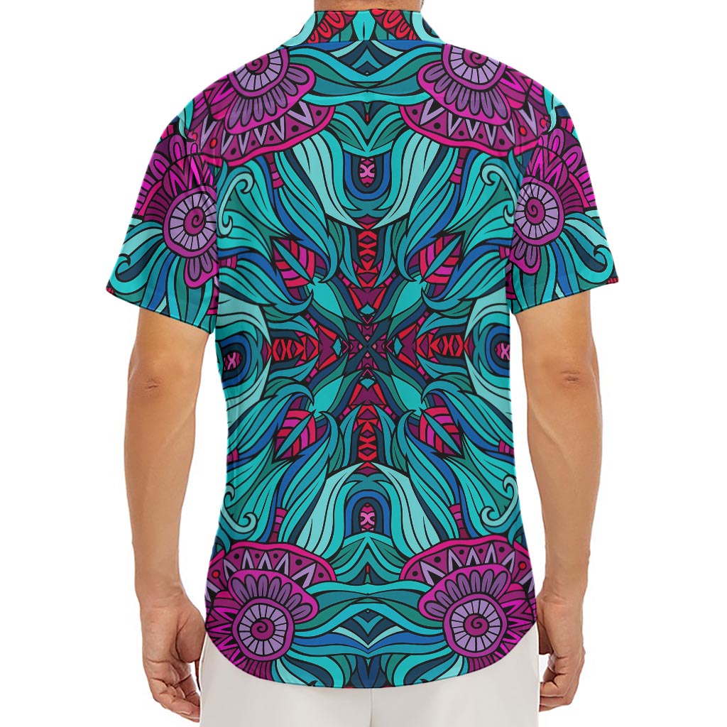 Ethnic Teal Bohemian Pattern Print Men's Deep V-Neck Shirt