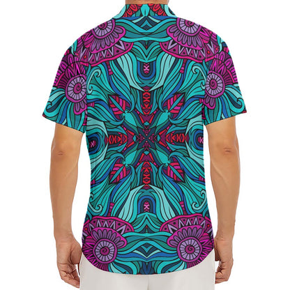 Ethnic Teal Bohemian Pattern Print Men's Deep V-Neck Shirt
