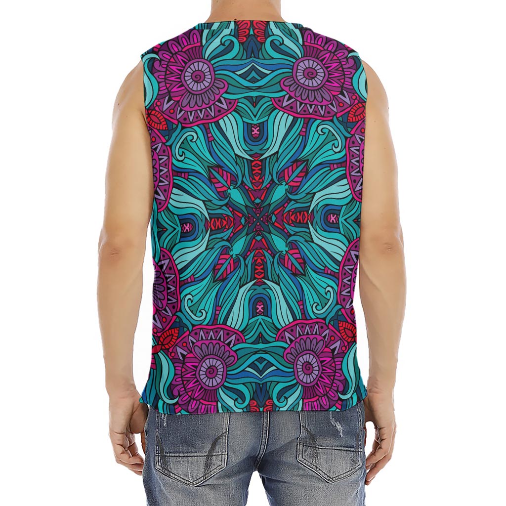 Ethnic Teal Bohemian Pattern Print Men's Fitness Tank Top