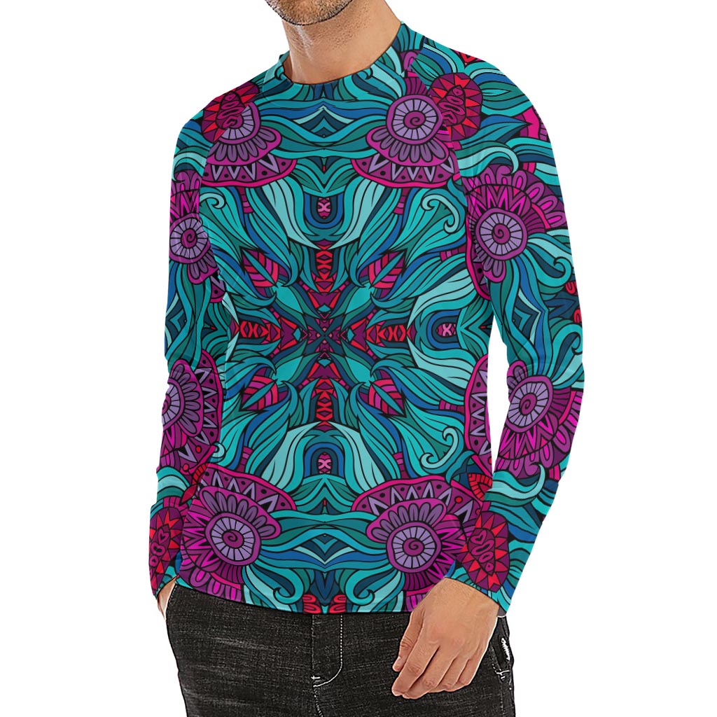 Ethnic Teal Bohemian Pattern Print Men's Long Sleeve Rash Guard