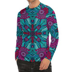 Ethnic Teal Bohemian Pattern Print Men's Long Sleeve Rash Guard