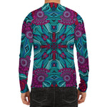 Ethnic Teal Bohemian Pattern Print Men's Long Sleeve Rash Guard