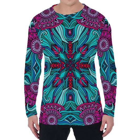 Ethnic Teal Bohemian Pattern Print Men's Long Sleeve T-Shirt