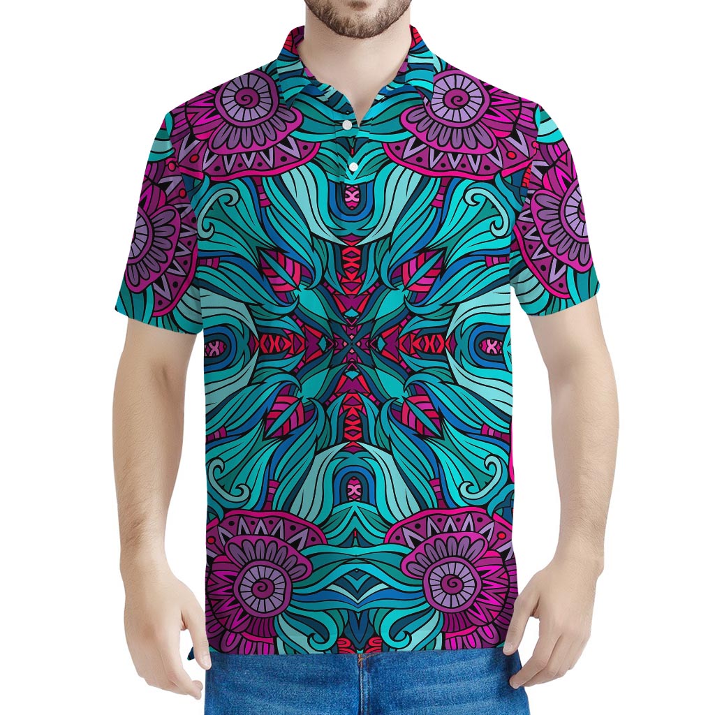 Ethnic Teal Bohemian Pattern Print Men's Polo Shirt