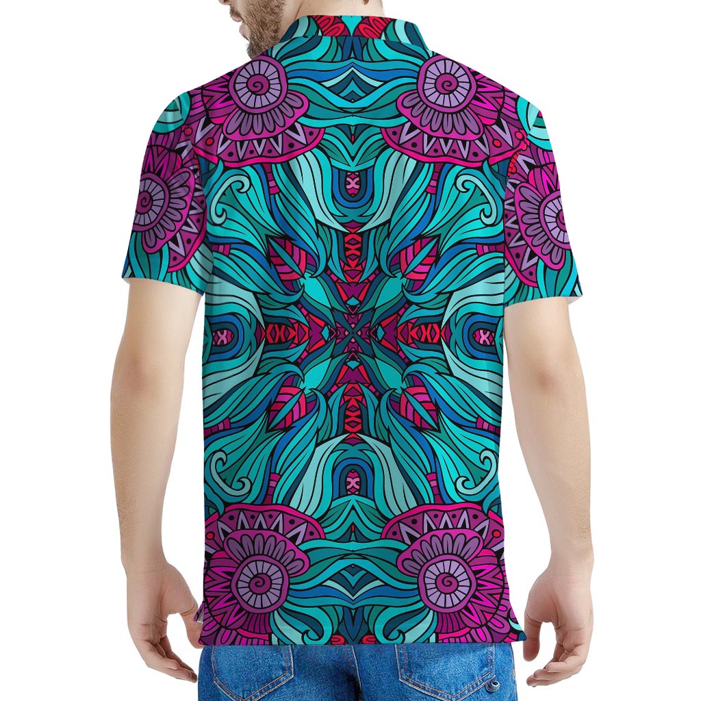 Ethnic Teal Bohemian Pattern Print Men's Polo Shirt