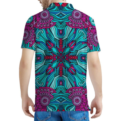 Ethnic Teal Bohemian Pattern Print Men's Polo Shirt