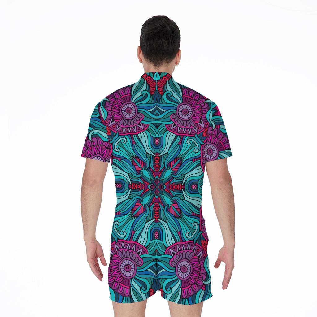 Ethnic Teal Bohemian Pattern Print Men's Rompers