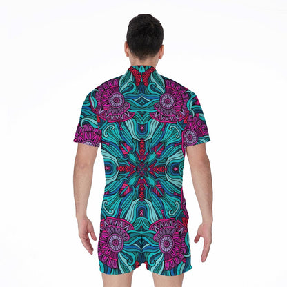 Ethnic Teal Bohemian Pattern Print Men's Rompers