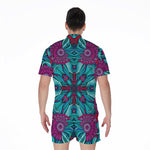 Ethnic Teal Bohemian Pattern Print Men's Rompers