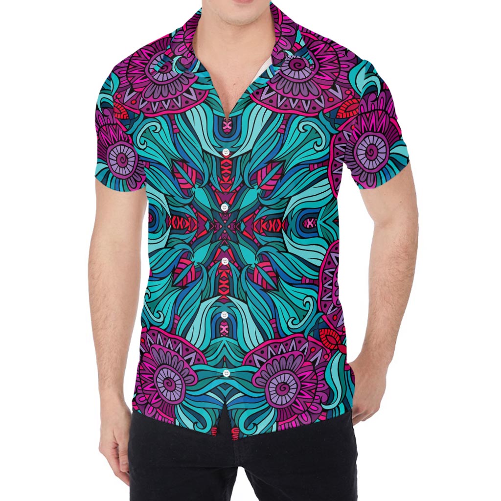 Ethnic Teal Bohemian Pattern Print Men's Shirt