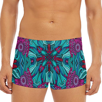 Ethnic Teal Bohemian Pattern Print Men's Short Boxer Briefs