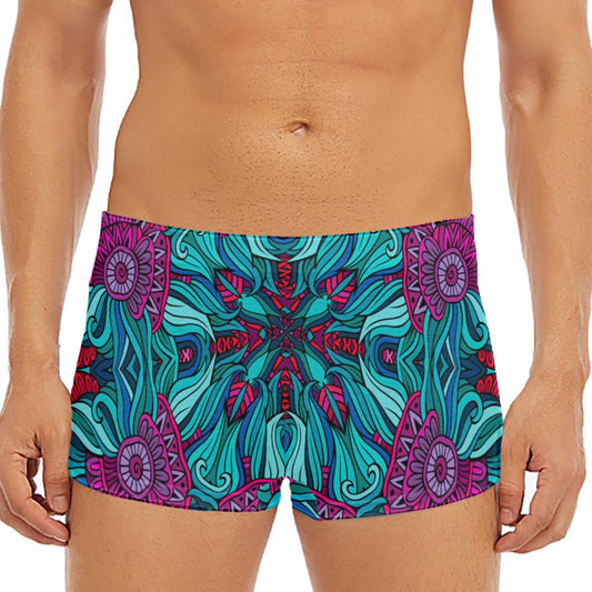 Ethnic Teal Bohemian Pattern Print Men's Short Boxer Briefs