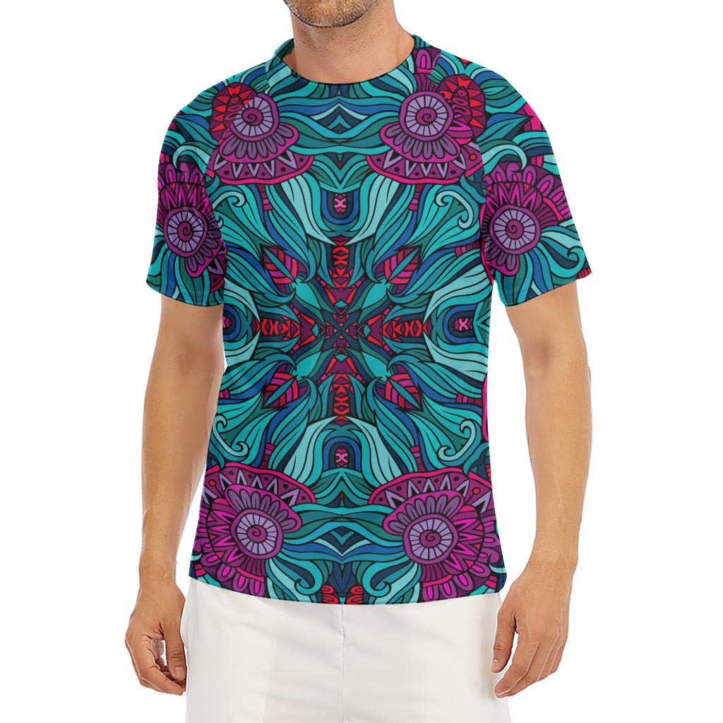 Ethnic Teal Bohemian Pattern Print Men's Short Sleeve Rash Guard