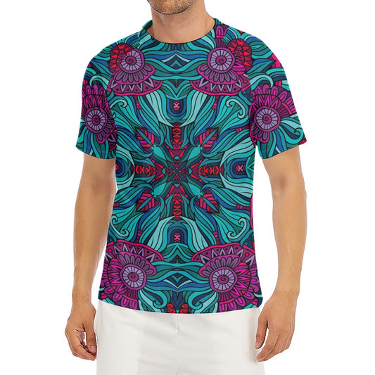 Ethnic Teal Bohemian Pattern Print Men's Short Sleeve Rash Guard