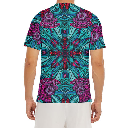 Ethnic Teal Bohemian Pattern Print Men's Short Sleeve Rash Guard