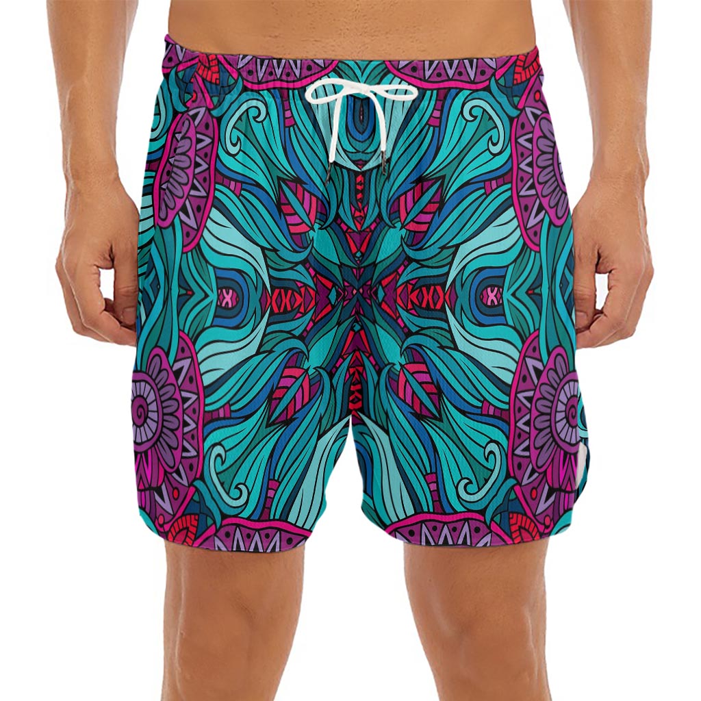 Ethnic Teal Bohemian Pattern Print Men's Split Running Shorts