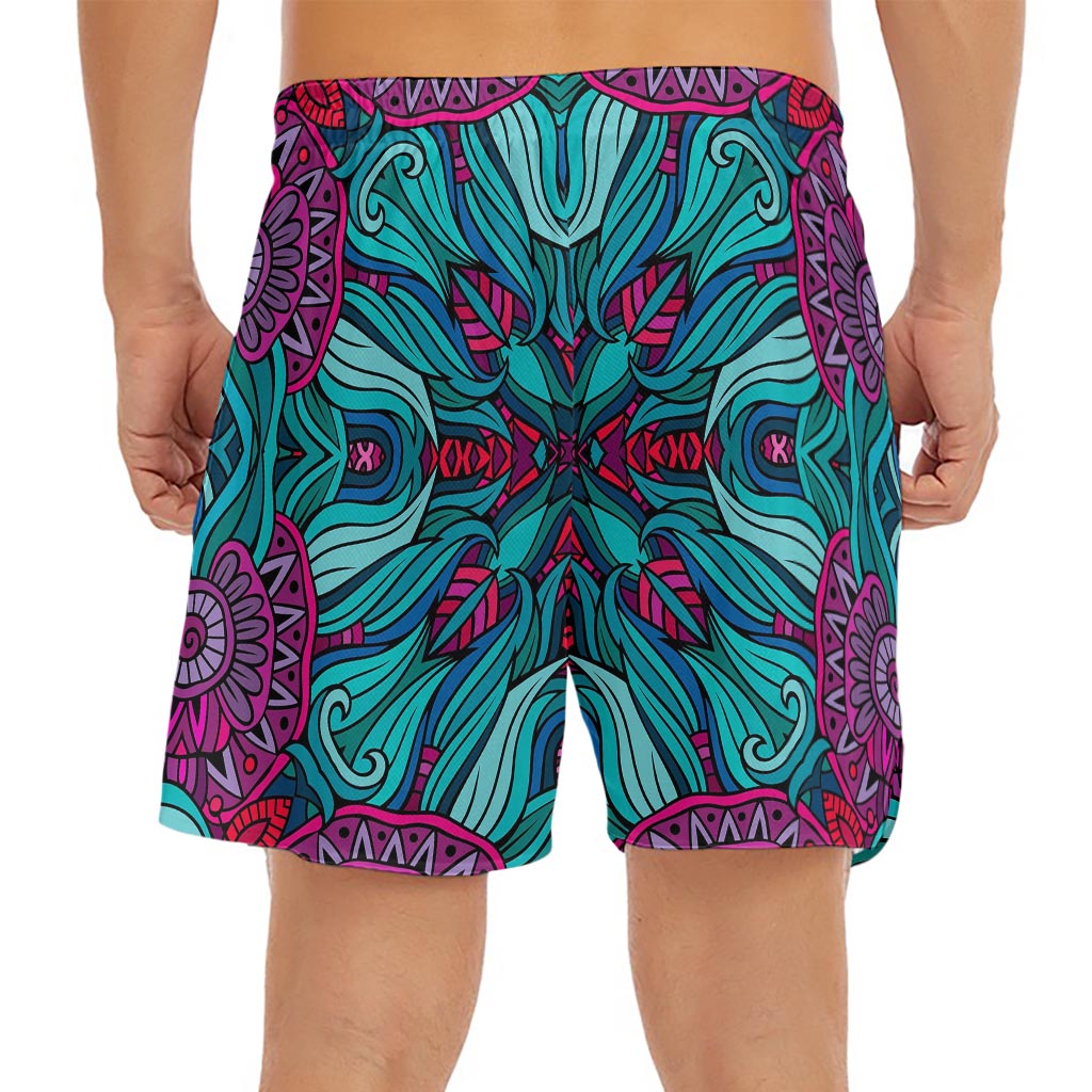 Ethnic Teal Bohemian Pattern Print Men's Split Running Shorts