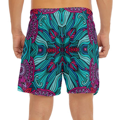 Ethnic Teal Bohemian Pattern Print Men's Split Running Shorts