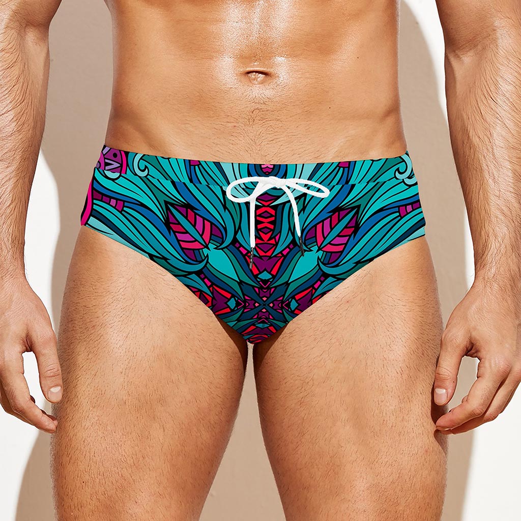 Ethnic Teal Bohemian Pattern Print Men's Swim Briefs