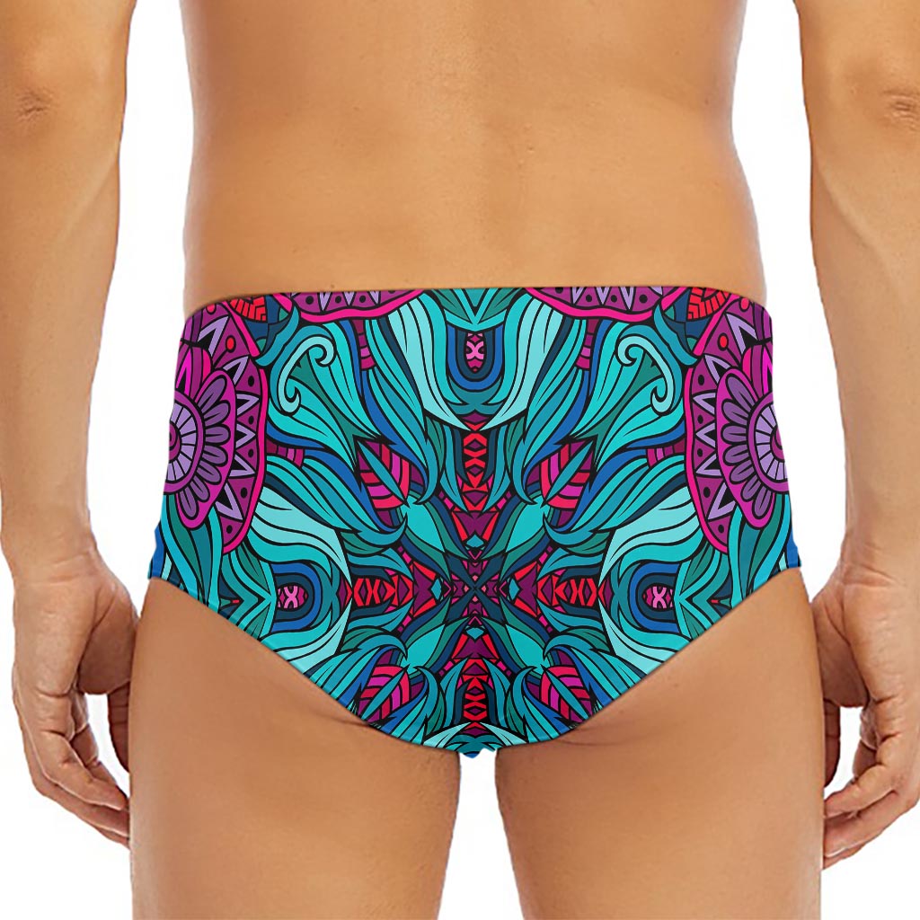 Ethnic Teal Bohemian Pattern Print Men's Triangle Swim Briefs