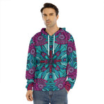 Ethnic Teal Bohemian Pattern Print Men's Velvet Pullover Hoodie