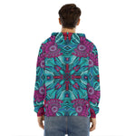 Ethnic Teal Bohemian Pattern Print Men's Velvet Pullover Hoodie