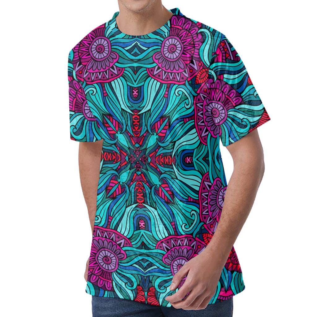Ethnic Teal Bohemian Pattern Print Men's Velvet T-Shirt