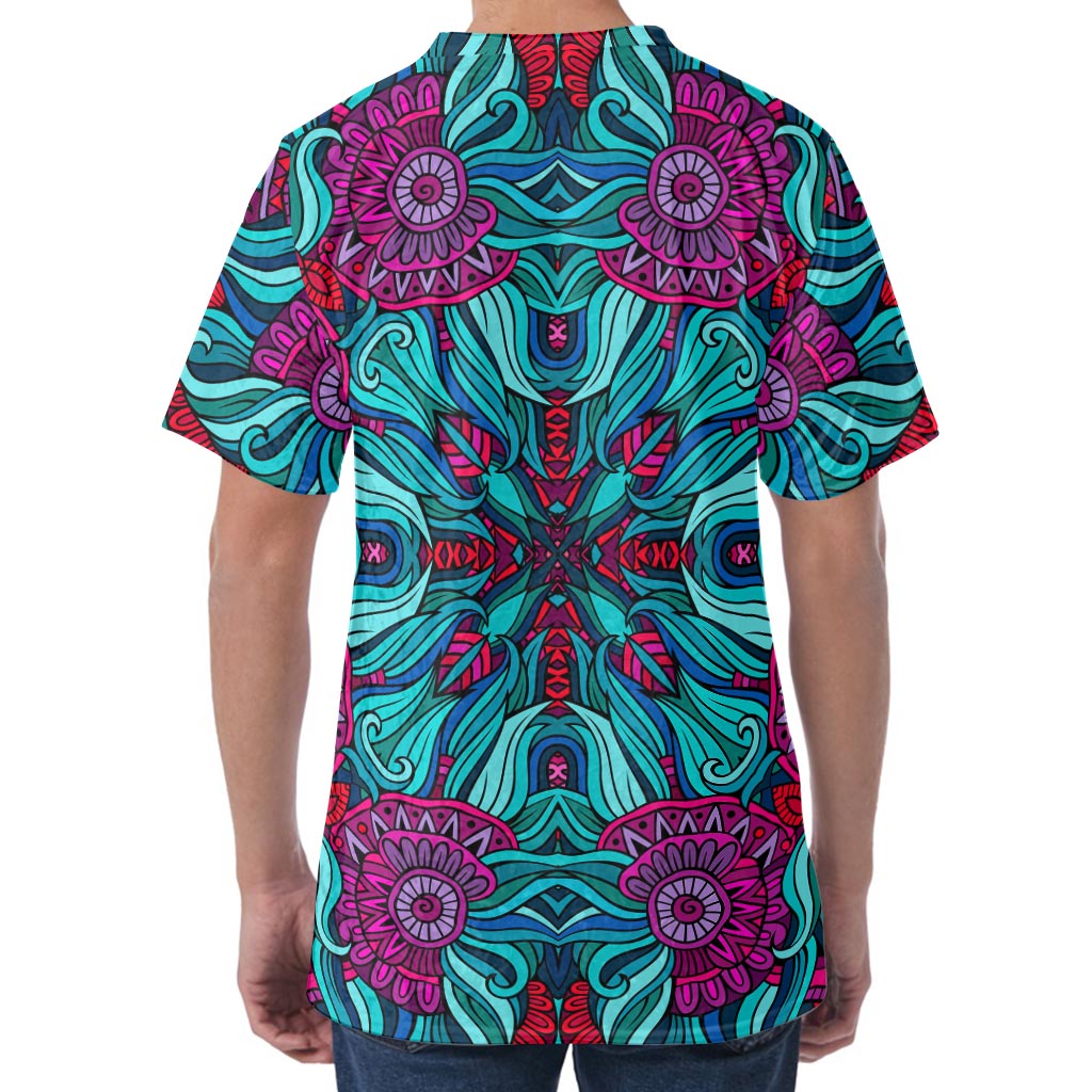 Ethnic Teal Bohemian Pattern Print Men's Velvet T-Shirt