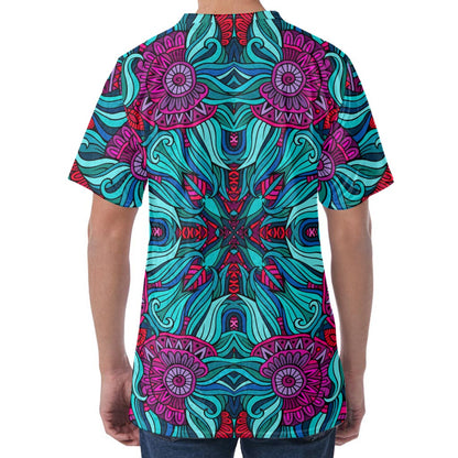 Ethnic Teal Bohemian Pattern Print Men's Velvet T-Shirt