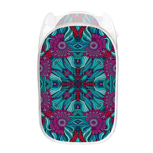 Ethnic Teal Bohemian Pattern Print Mesh Laundry Hamper