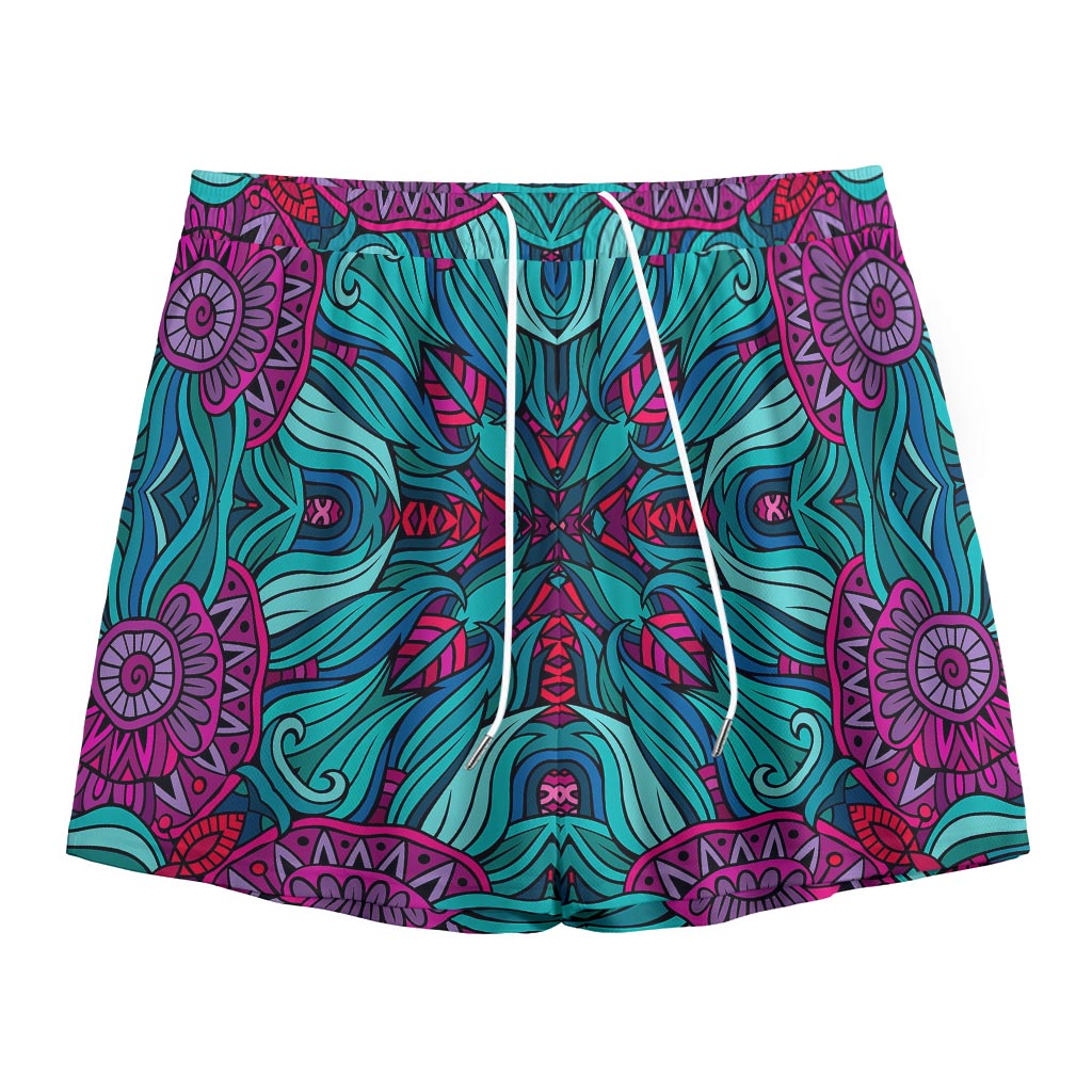 Ethnic Teal Bohemian Pattern Print Mesh Shorts