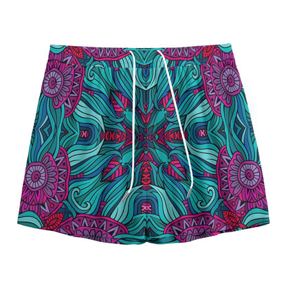 Ethnic Teal Bohemian Pattern Print Mesh Shorts