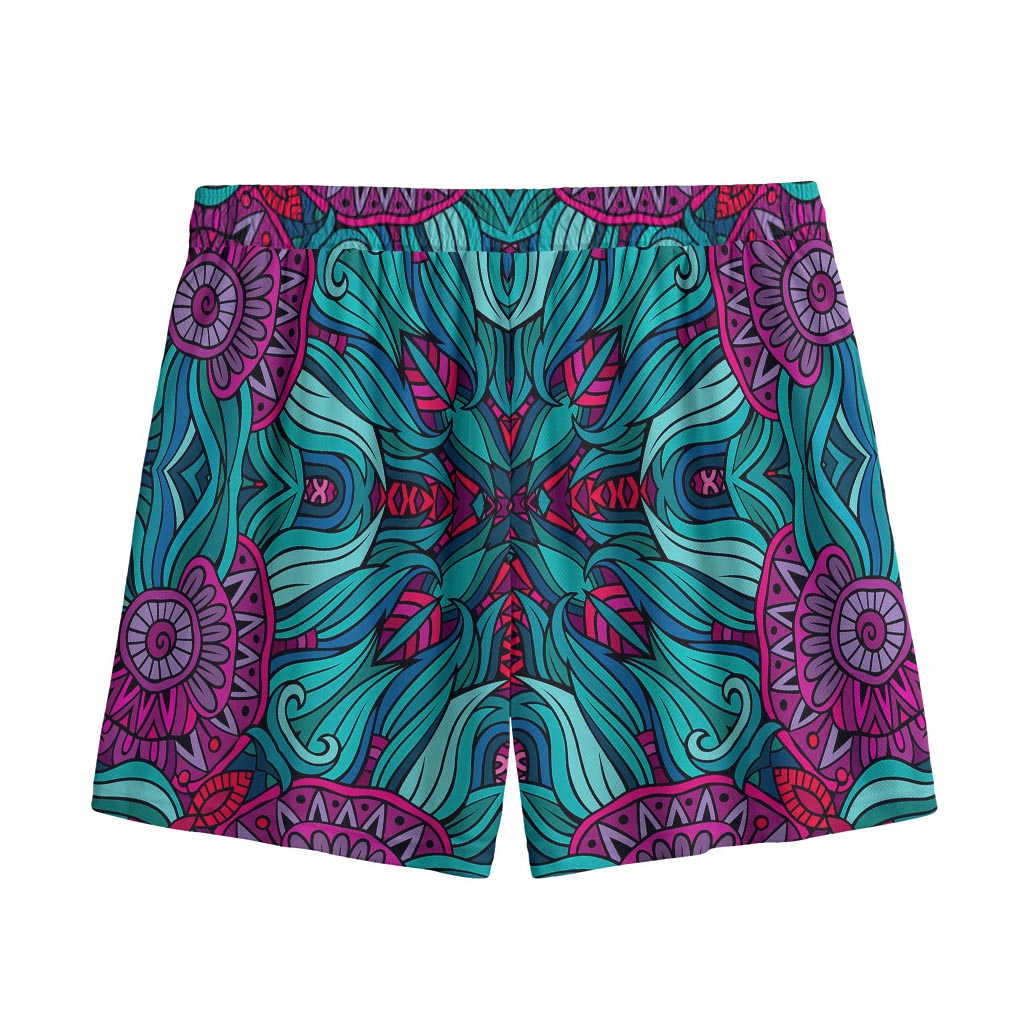 Ethnic Teal Bohemian Pattern Print Mesh Shorts