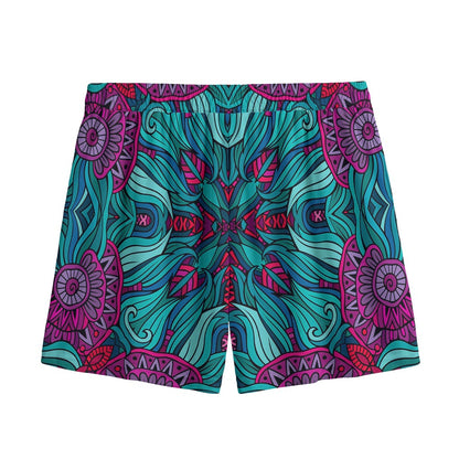 Ethnic Teal Bohemian Pattern Print Mesh Shorts
