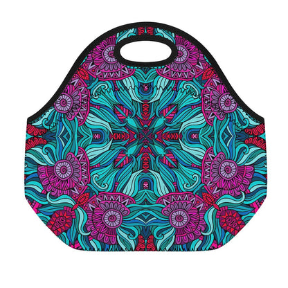 Ethnic Teal Bohemian Pattern Print Neoprene Lunch Bag
