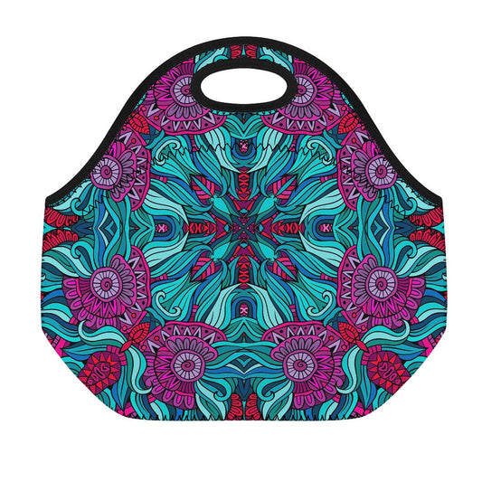 Ethnic Teal Bohemian Pattern Print Neoprene Lunch Bag