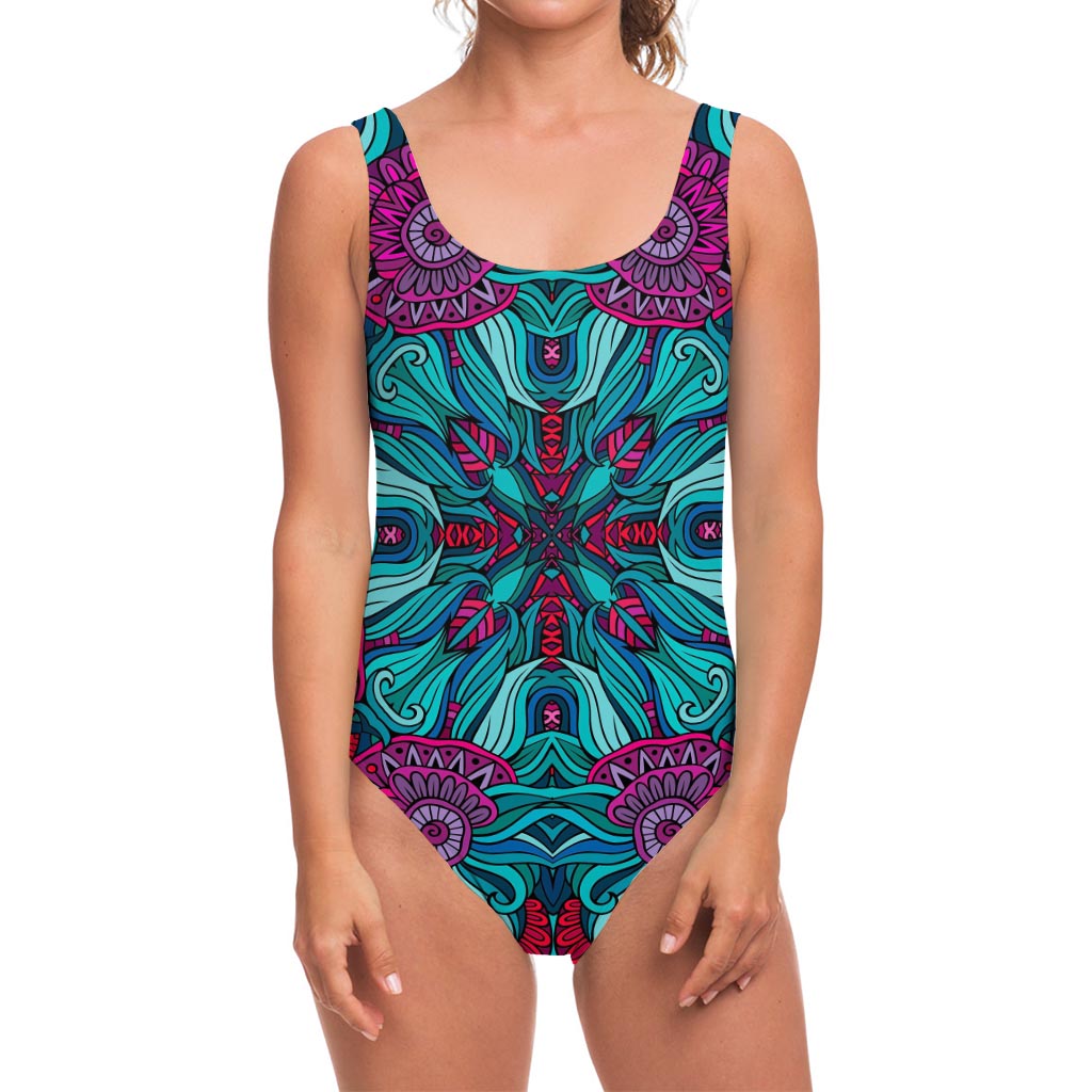 Ethnic Teal Bohemian Pattern Print One Piece Swimsuit