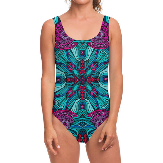 Ethnic Teal Bohemian Pattern Print One Piece Swimsuit