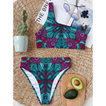 Ethnic Teal Bohemian Pattern Print One Shoulder Bikini Top