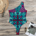 Ethnic Teal Bohemian Pattern Print One Shoulder Bodysuit