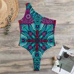 Ethnic Teal Bohemian Pattern Print One Shoulder Bodysuit