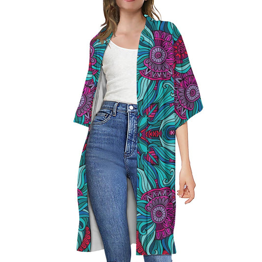 Ethnic Teal Bohemian Pattern Print Open Front Beach Cover Up