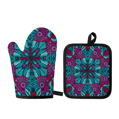 Ethnic Teal Bohemian Pattern Print Oven Mitt And Pot Holder Set