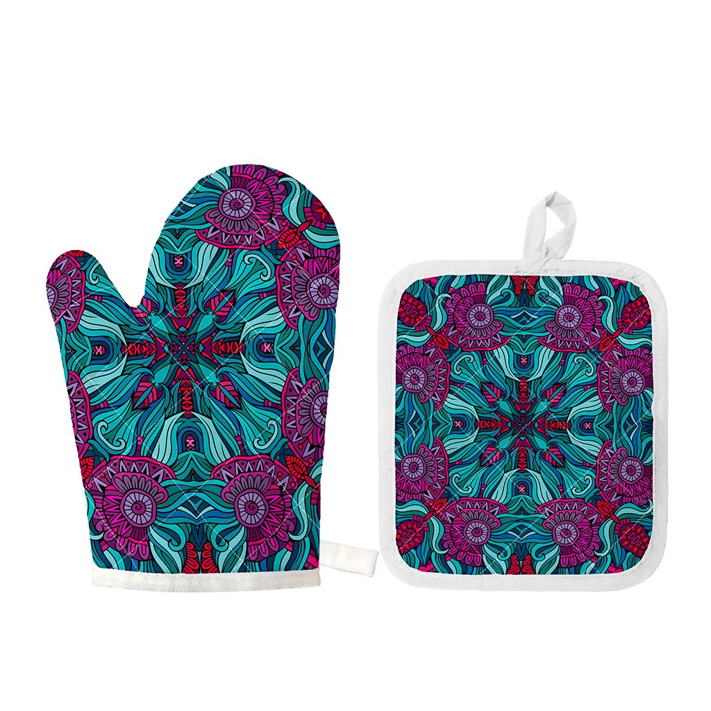 Ethnic Teal Bohemian Pattern Print Oven Mitt And Pot Holder Set