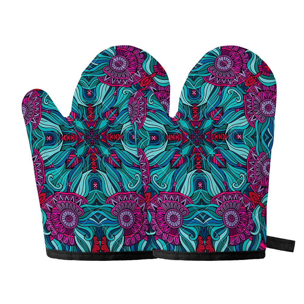 Ethnic Teal Bohemian Pattern Print Oven Mitts