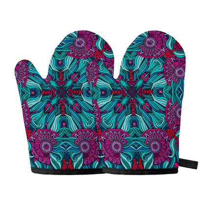 Ethnic Teal Bohemian Pattern Print Oven Mitts