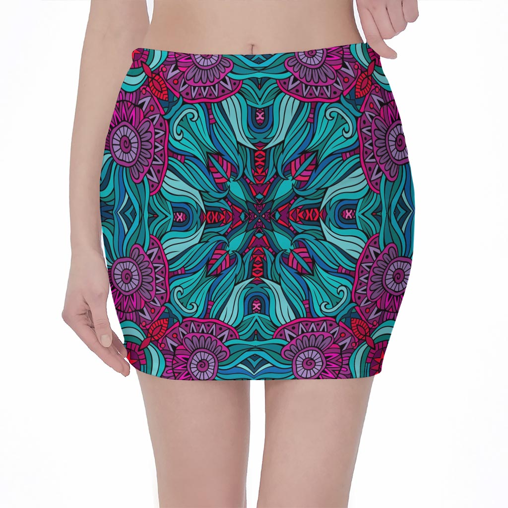 Ethnic Teal Bohemian Pattern Print Pencil Mini Skirt