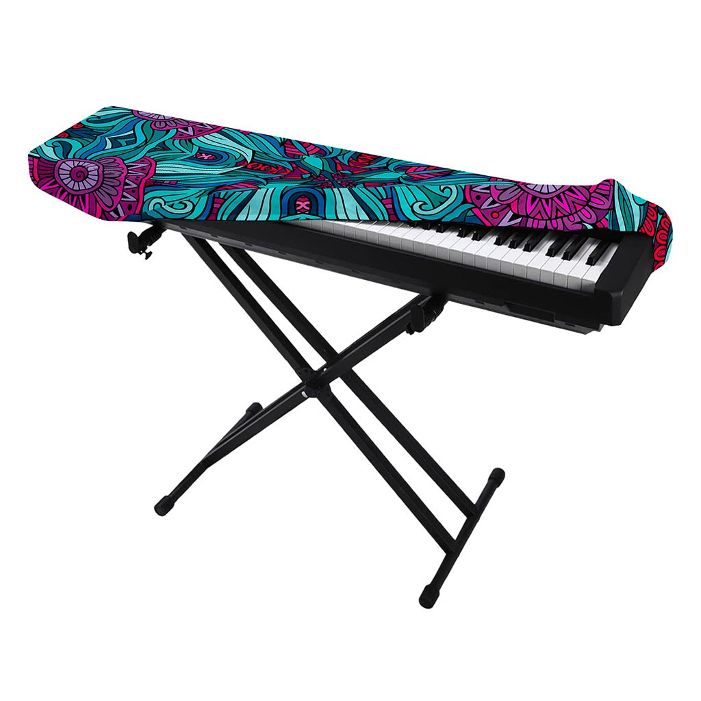 Ethnic Teal Bohemian Pattern Print Piano Keyboard Cover