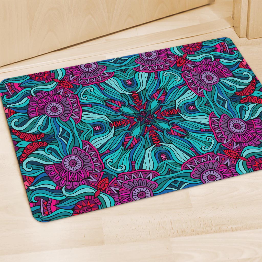 Ethnic Teal Bohemian Pattern Print Polyester Doormat